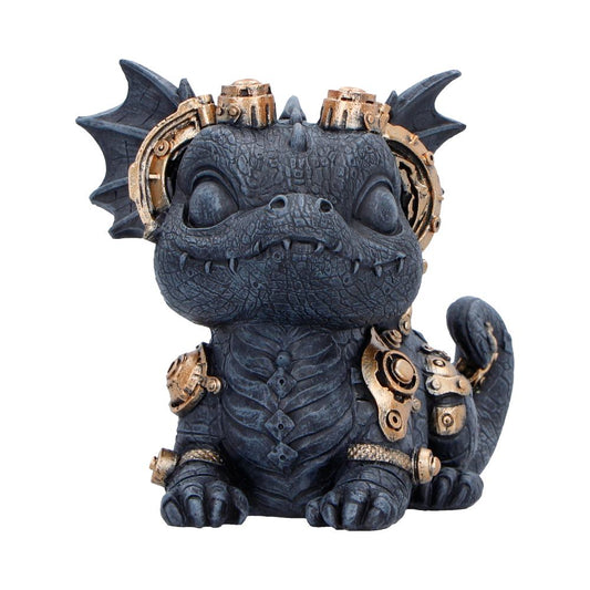 Gearling Black Steampunk Dragon Figurine - front with bronze-toned goggles and tucked paws