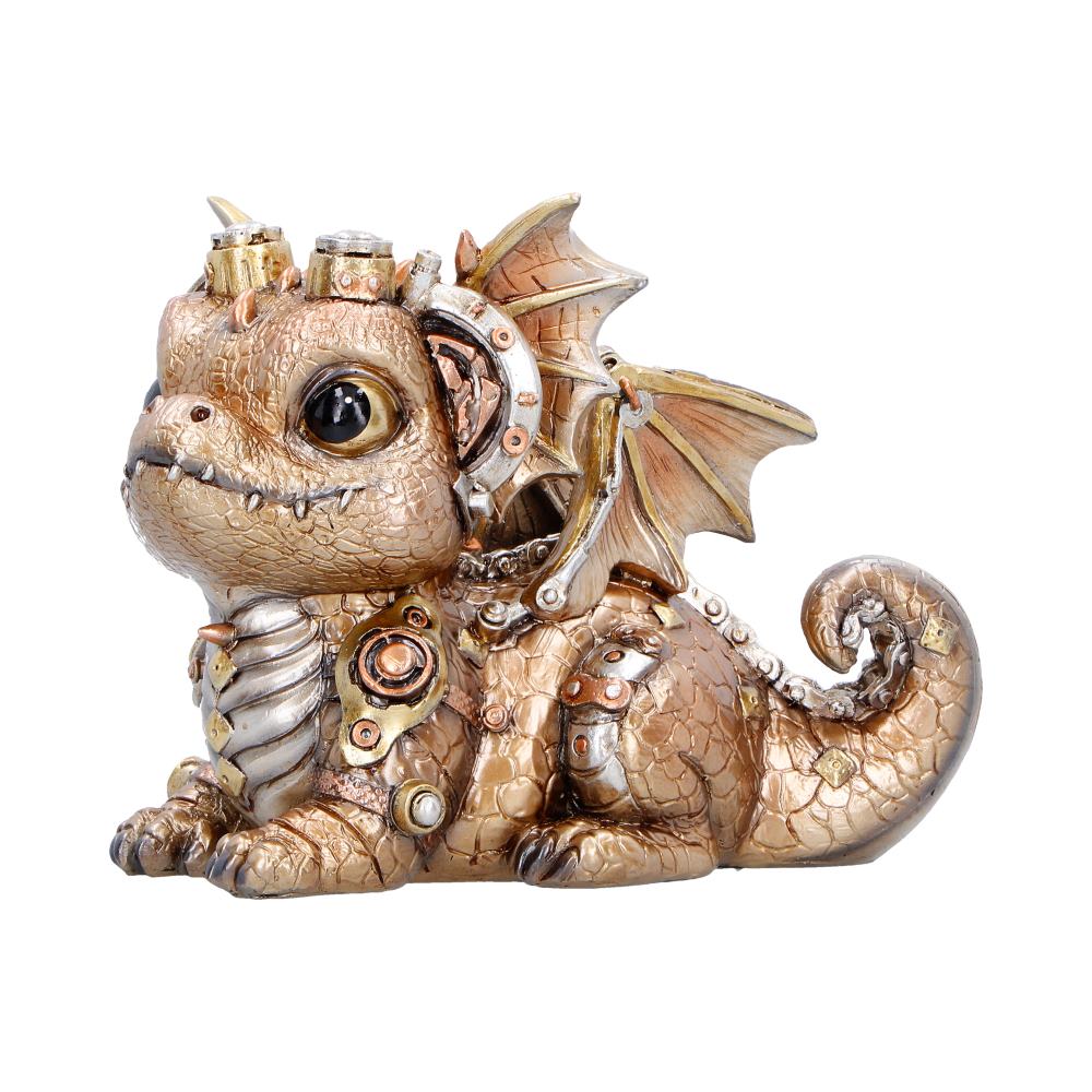 Gearling Gold Steampunk Dragon Figurine - side showing curled tail and goggles