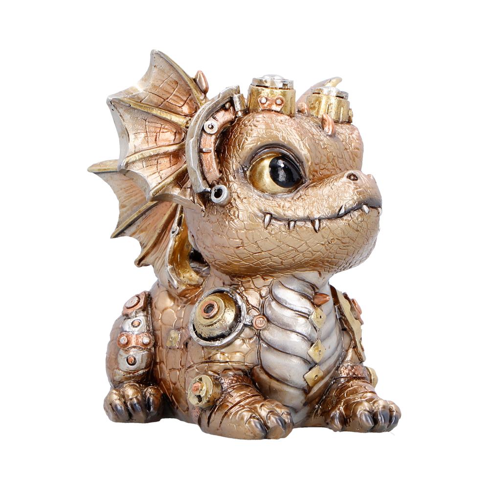 Gearling Gold Steampunk Dragon Figurine - angled face with bright eyes and mechanical accents