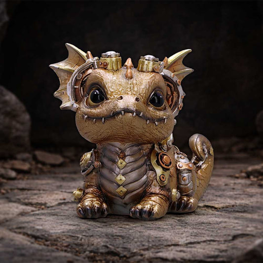 Gearling Gold Steampunk Dragon Figurine - gold-toned dragon on a stone display