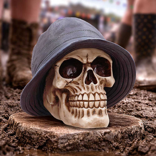Mad For It Nemesis Now skull figurine wearing a textured grey 90s style bucket hat, hand-painted in gothic bone tones