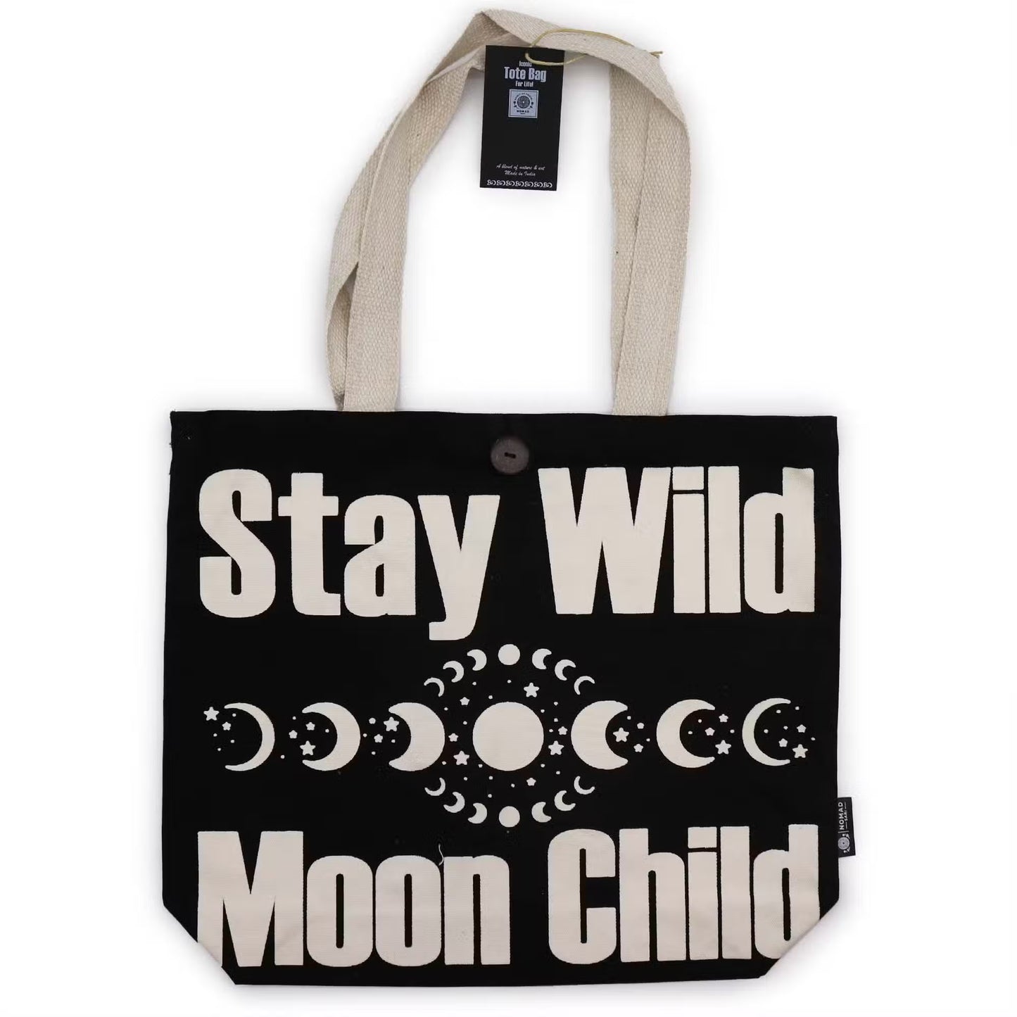 Stay Wild Moon Child black and natural 10oz cotton tote bag with moon phase design and button closure.