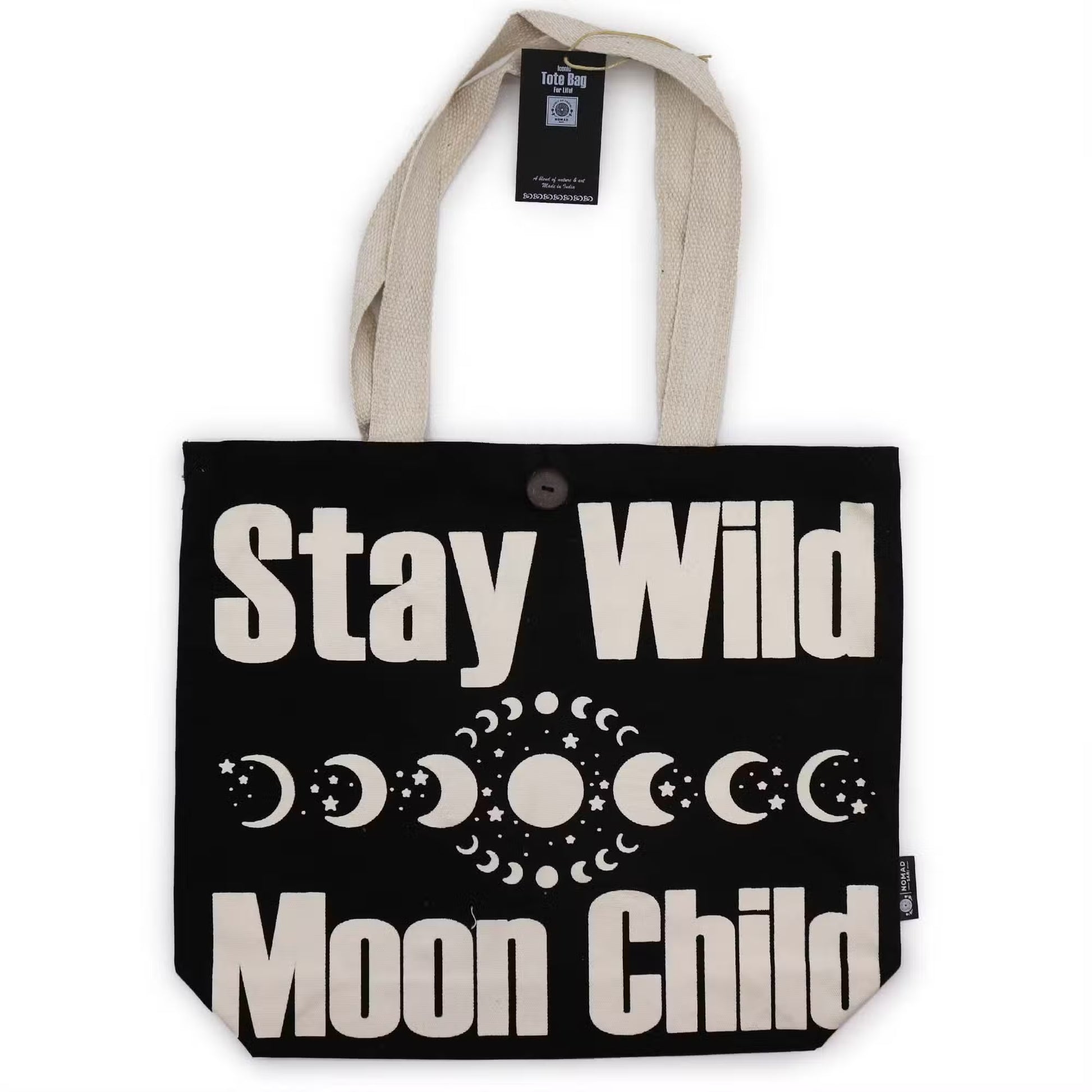 Stay Wild Moon Child black and natural 10oz cotton tote bag with moon phase design and button closure.