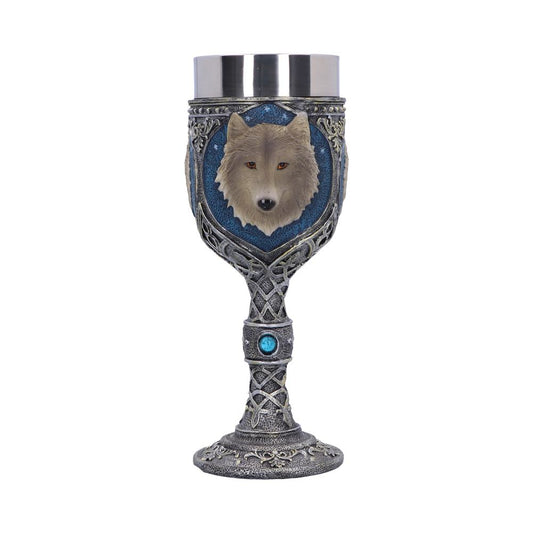 A chalice displays a wolf head on a blue starry background with ornate filigree design. The stem has a blue jewel and a round, decorative base.