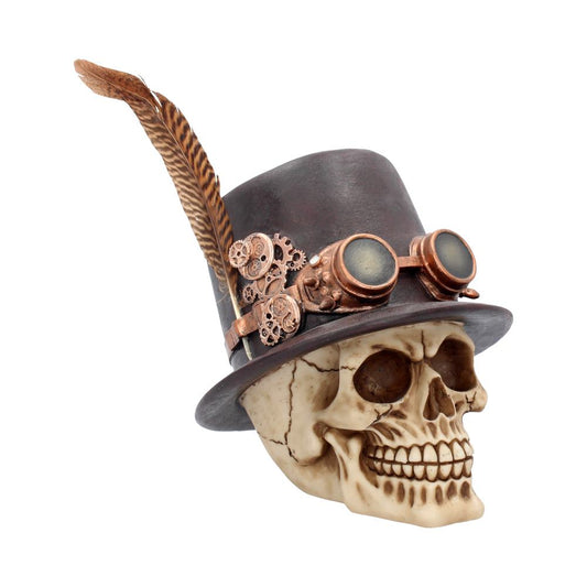 A skull adorned with a black top hat featuring copper goggles, gears, and a large feather. The combination highlights a steampunk style against a plain white background.
