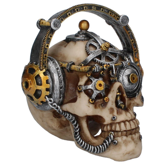 A skull, adorned with steampunk-style mechanical gears and headphones, appears detailed and ornate, set against a white background.