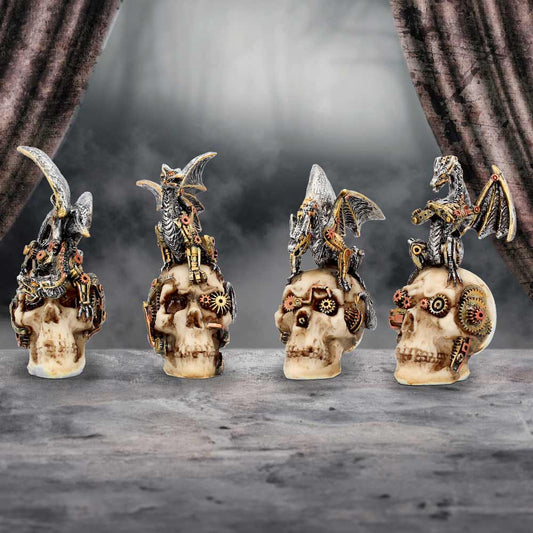 Mind Machines 10.5cm set of 4 – mini tech skull ornaments with circuit textures – boho spiritual home décor UK
