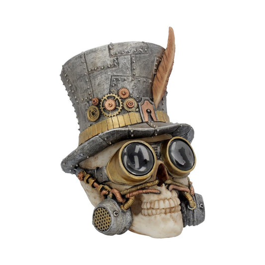 A skull wears steampunk-style goggles, a metal top hat adorned with gears, a feather, and pipes, set against a plain white background.