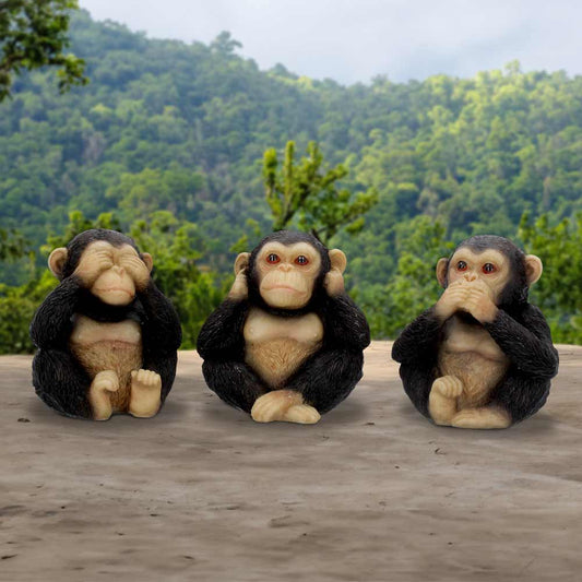 Three Wise Chimps Figurines – hand-painted resin chimp trio in see no evil, hear no evil, speak no evil poses