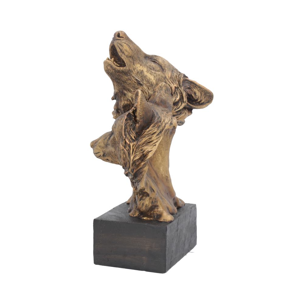 A bronze sculpture of two howling wolves rests on a square black base, displayed against a plain white background.