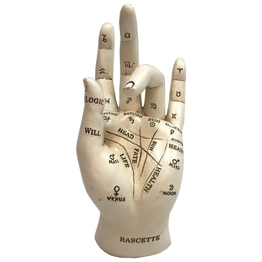 Palmistry hand sculpture shows life lines and astrological symbols. Text: "LOGIC," "WILL," "HEAD," "HEALTH," "FATE," "LIFE," "SUN," "SATURN," "RASCEETTE" (the last word is cut off at the bottom of the image), plus the planets, and zodiac signs.