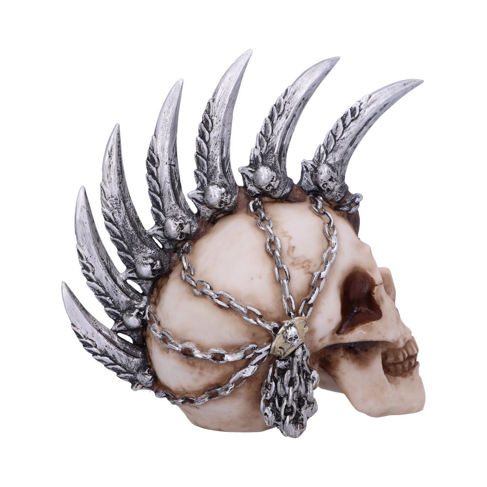 A skull adorned with metallic spikes and chains, resembling a mohawk hairstyle, set against a plain white background.