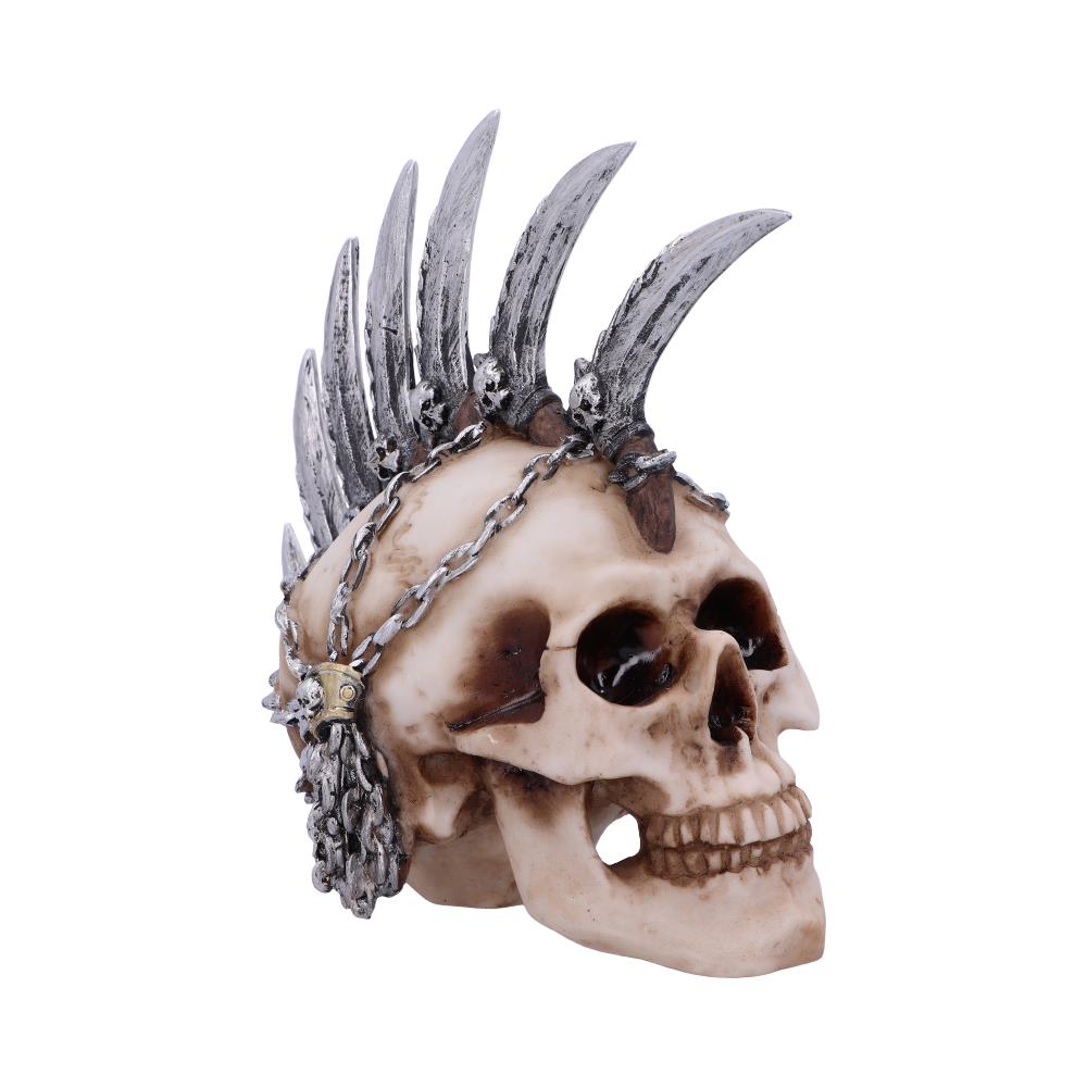 A human skull adorned with metallic spikes and chains, resembling a mohawk, is set against a plain white background, giving it a punk-influenced, decorative appearance.