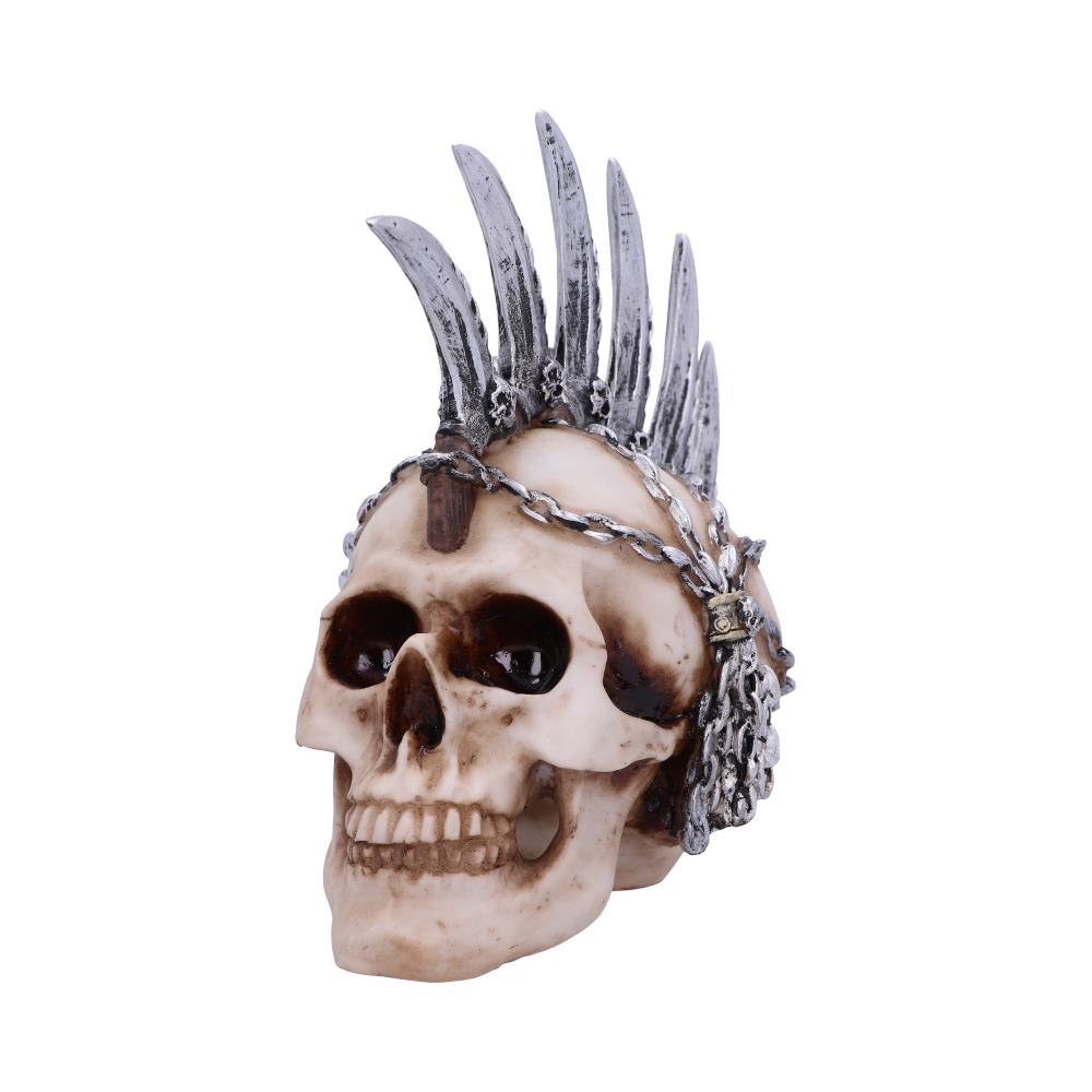 A human skull adorned with metal chains and a spiked mohawk sits isolated on a white background, creating a gothic, punk aesthetic.