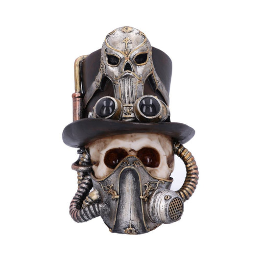 Steampunk skull sculpture wearing a metallic gas mask and top hat, adorned with goggles and intricate metalwork, set against a plain white background.