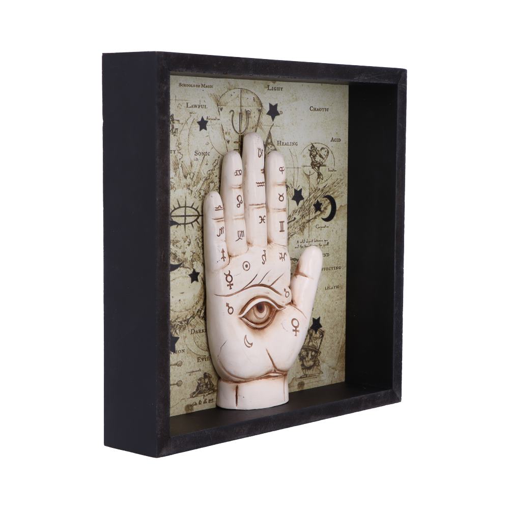 A palmistry hand statue stands inside a black shadow box with a patterned background featuring writing such as: "SCHOOLS OF MAGIC," "LIGHT," "CHAOTIC," "ACID," "HEALING," "DEATH," and "EVIL."