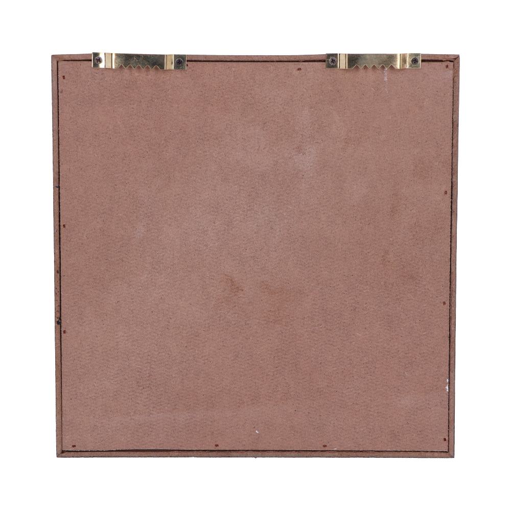 A square, brown frame backing faces forward with two gold, sawtooth hangers attached to the top edge and held in place with screws.