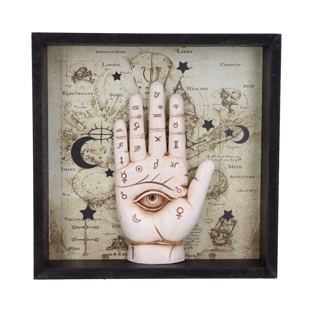 A sculpture of a hand marked with occult symbols sits in front of a diagram labeled with text: "SCHOOLS OF MAGIC", "LIGHT", "LAWFUL", "CHAOTIC", "ELECTRICITY", "SONIC", "IMAGE", "HEALING", "ACID", "MIND", "AFFECTING", "DEATH", "DARI", "TELEPORTATION", "EVIL", "FIRE", "FEAR." All this is framed in black.