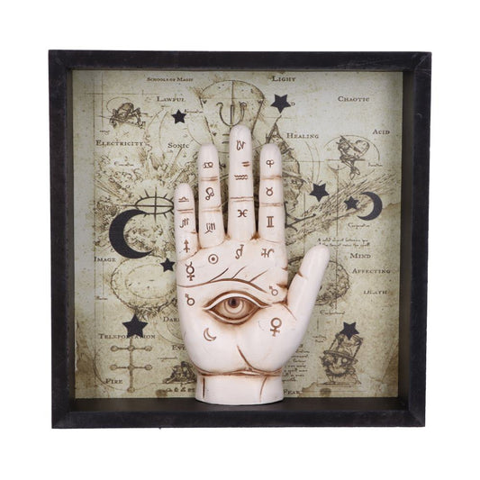 A sculpture of a hand marked with occult symbols sits in front of a diagram labeled with text: "SCHOOLS OF MAGIC", "LIGHT", "LAWFUL", "CHAOTIC", "ELECTRICITY", "SONIC", "IMAGE", "HEALING", "ACID", "MIND", "AFFECTING", "DEATH", "DARI", "TELEPORTATION", "EVIL", "FIRE", "FEAR." All this is framed in black.