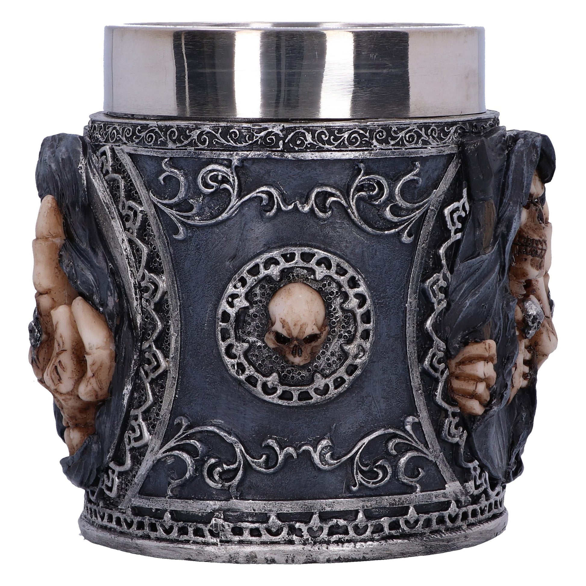 A decorative jar with a metallic rim features a black and silver design. Each side panel displays a skull encircled by floral patterns, flanked by skeletal hands gripping black cloaks.
