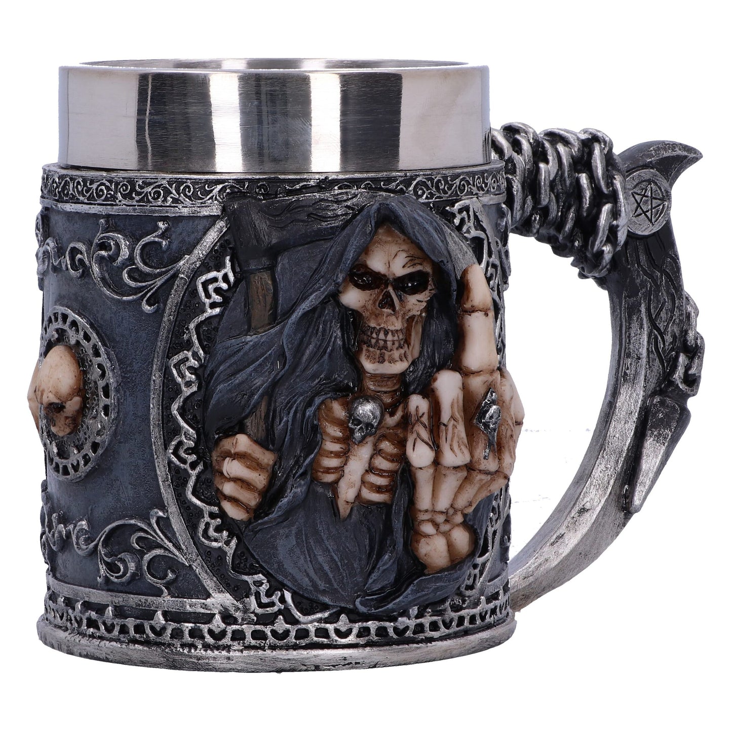 The ornate mug features a Grim Reaper figure; the skeleton holds its scythe and gives the middle finger, with a pentagram on the handle, against a decorative background.