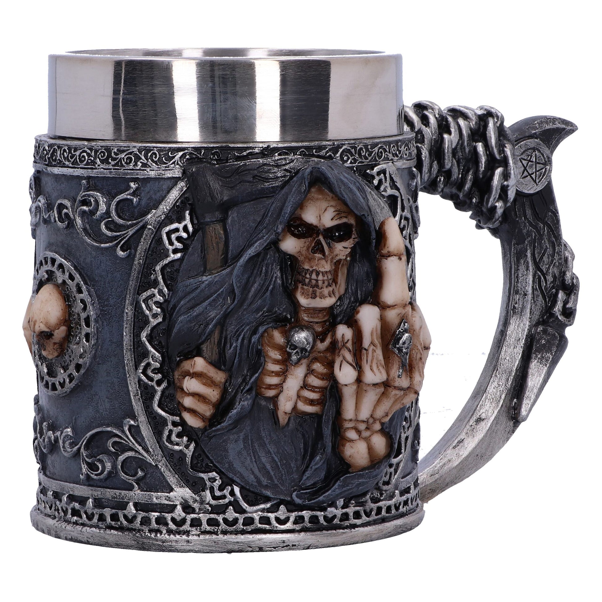 The ornate mug features a Grim Reaper figure; the skeleton holds its scythe and gives the middle finger, with a pentagram on the handle, against a decorative background.