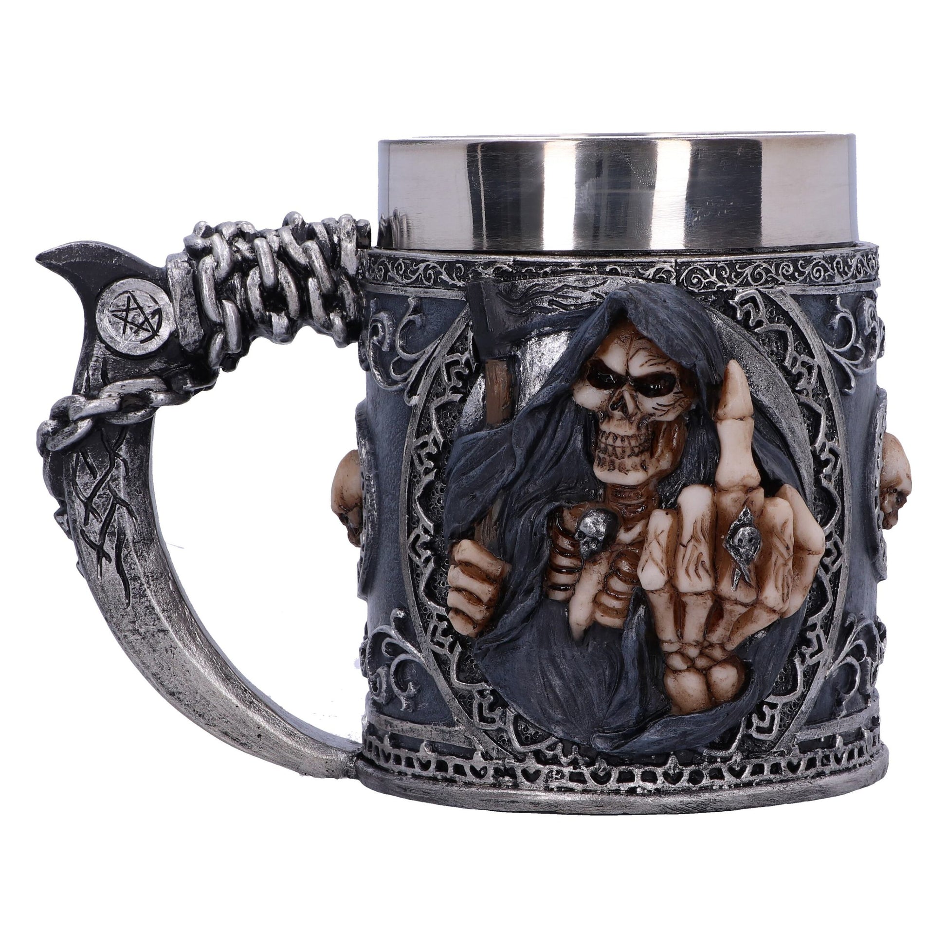 The mug is decorated with a gray skeleton in a cloak flipping off the viewer and holding a small skull, with chains and a pentagram detail on the handle.