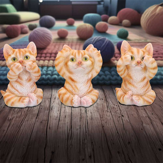 Three Wise Ginger Cats Figurines – hand-painted resin ginger cat trio in see no evil, hear no evil, speak no evil poses