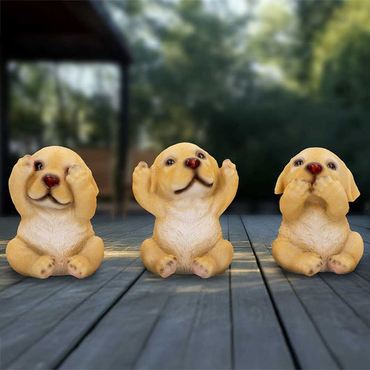 Three Wise Golden Labradors Figurines – hand-painted resin dog trio in see no evil, hear no evil, speak no evil poses