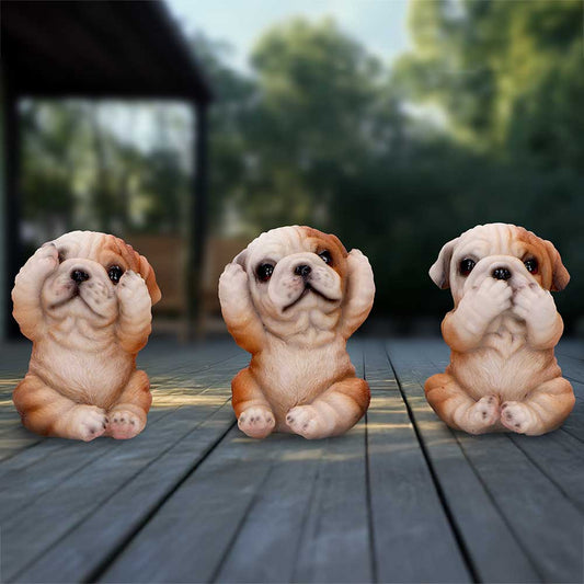 Three Wise Bulldogs Figurines – hand-painted resin bulldog trio in see no evil, hear no evil, speak no evil poses