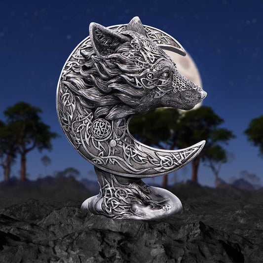 Celtic Crescent Wolf & Moon Figurine hand-painted polyresin wolf with moon and Celtic knotwork