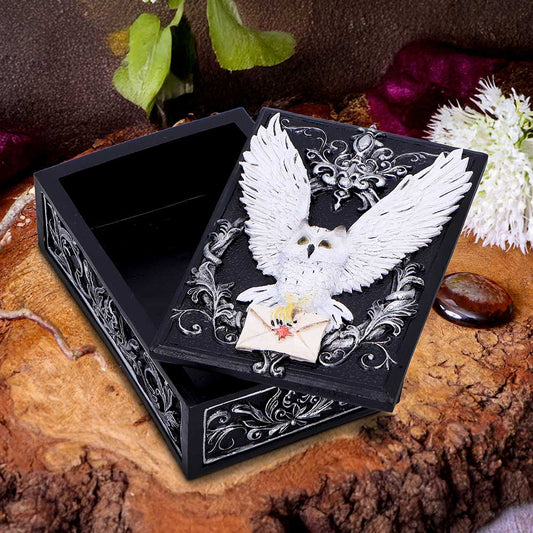 Black box with silver scrollwork topped by a white owl spreading wings and clutching a small sealed envelope, resting open on a tree-slice surface amid flowers and a stone.