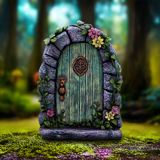 Fae’s Forest Welcome Fairy Figurine polyresin fairy door ornament with green arch and floral details