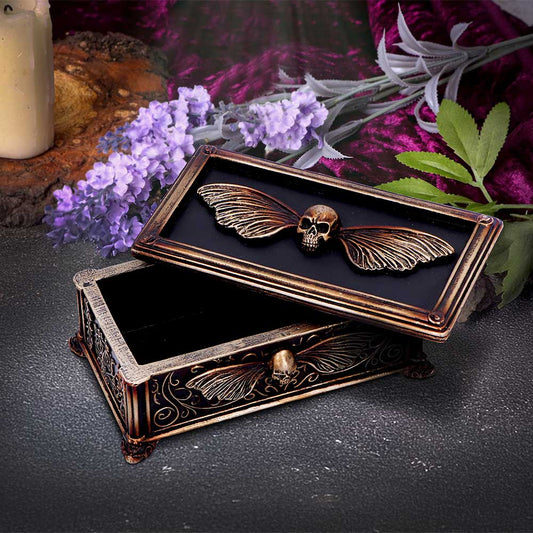 Death’s Head Skull Treasure Box hand-painted resin skull trinket box with moth design