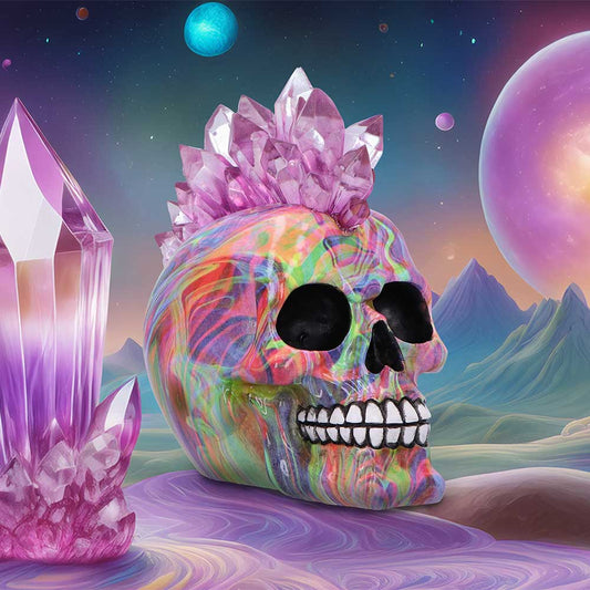 Colorful marbled skull adorned with a purple crystal crown rests on a swirled surface amid giant crystals and pastel alien mountains under a starry, planet filled sky.