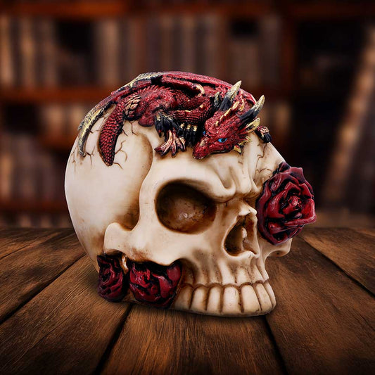 Rose Flame Dragon on Skull Figurine