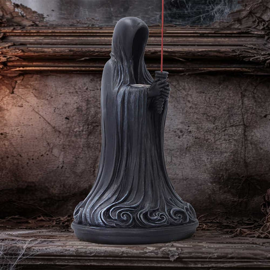 Keeper of Smoke Gothic Incense Burner - Hooded incense holder displayed with a stick