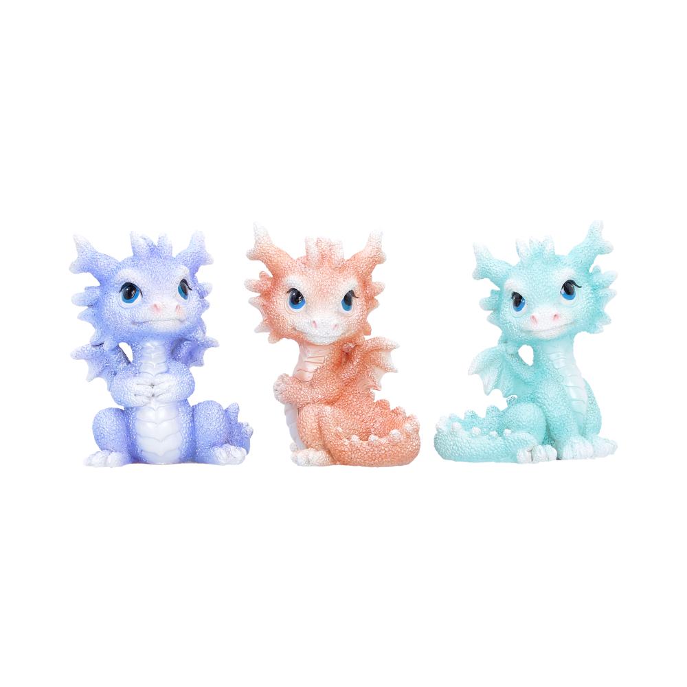 Coralscale Hatchling Dragon Trio - Front showing lavender, coral and mint dragon hatchlings