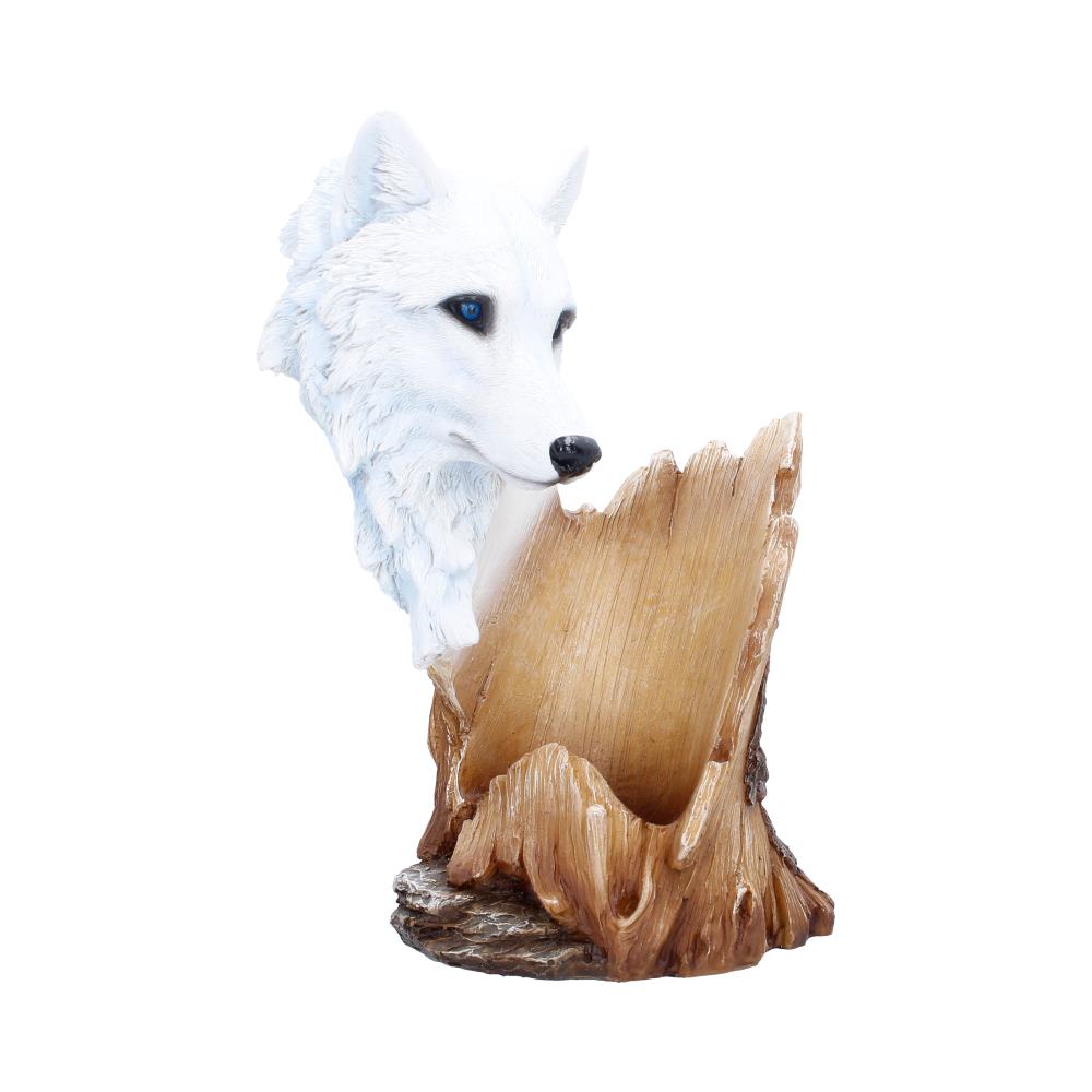 Pour of the Wild Wolf Wine Bottle Holder - Front angle showing pale wolf face and bottle support
