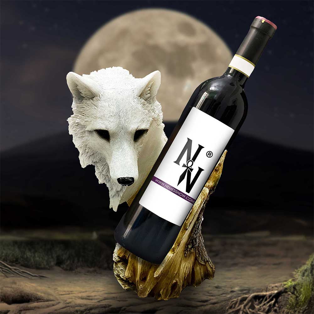 Pour of the Wild Wolf Wine Bottle Holder - Wolf holder displayed with a wine bottle