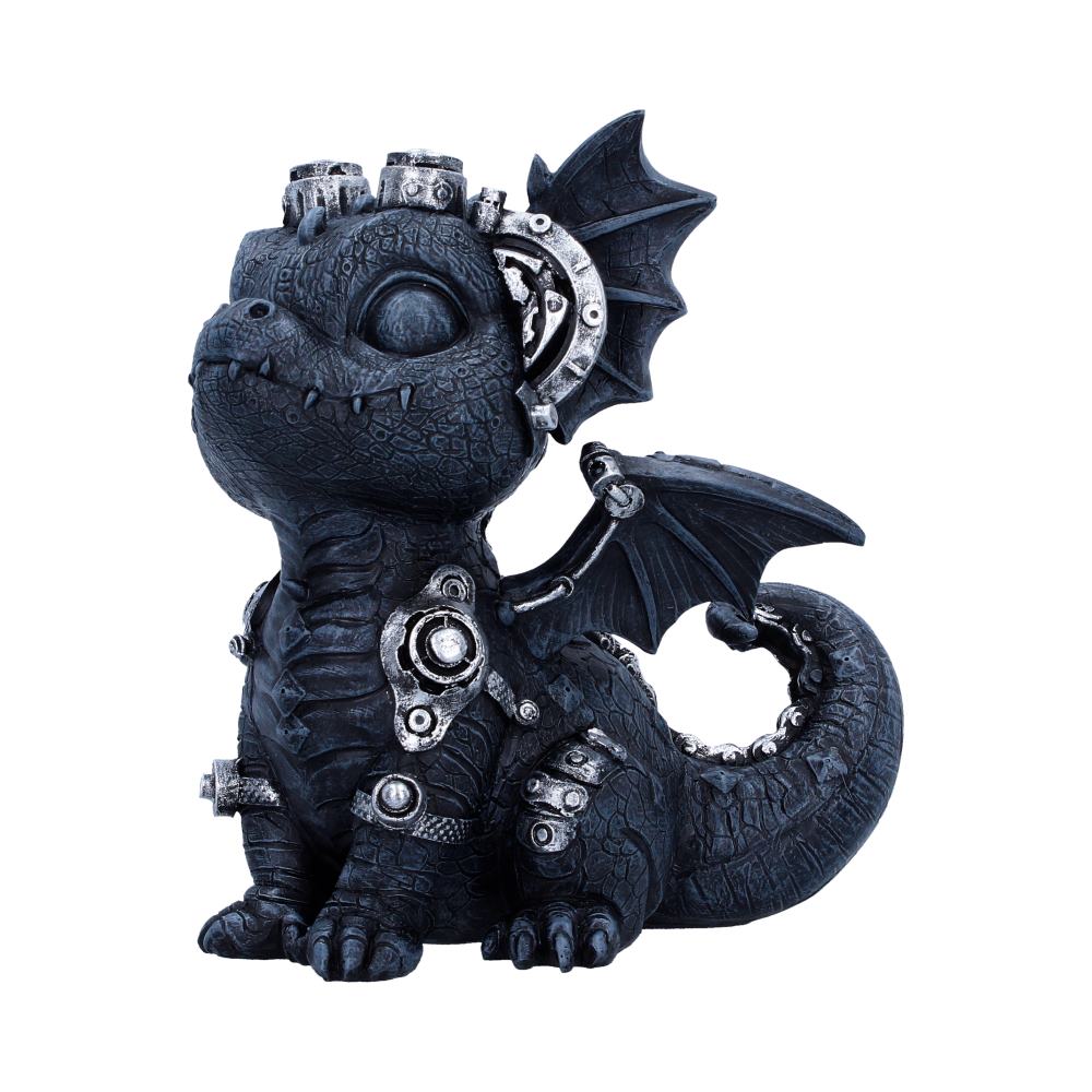Coglet Black Steampunk Dragon Figurine - side with curled tail and silver-grey fittings