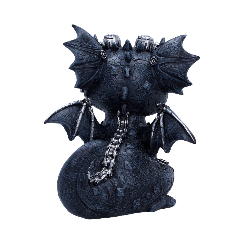 Coglet Black Steampunk Dragon Figurine - rear showing wing shapes and mechanical spine