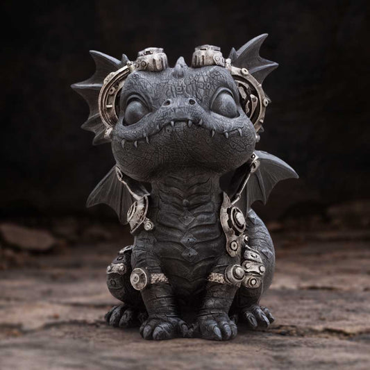 Coglet Black Steampunk Dragon Figurine - black dragon standing upright on a stone display