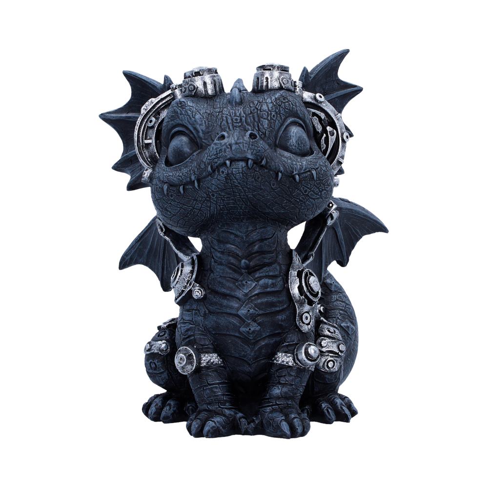 Coglet Black Steampunk Dragon Figurine - front showing upright black dragon and forehead goggles