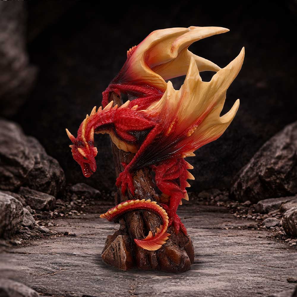 Vermilion Inferno Red Dragon Figurine - red dragon on a dark rocky display