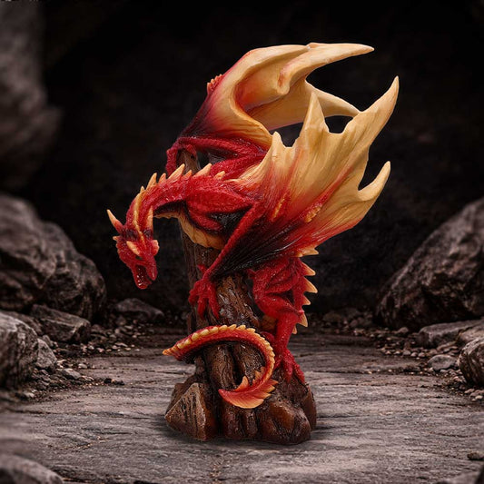 Vermilion Inferno Red Dragon Figurine - red dragon on a dark rocky display