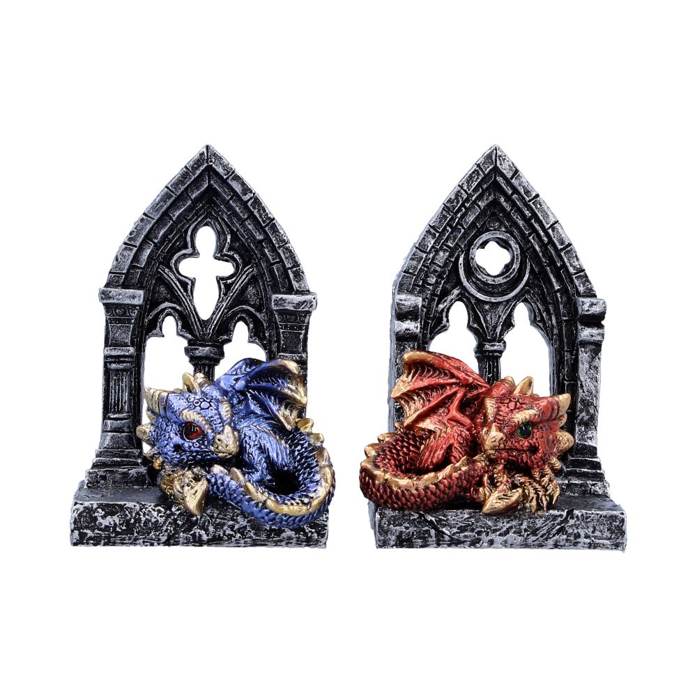 Gate Keepers Dragon Figurines Set of Two - front showing blue and red dragons at gothic doorways