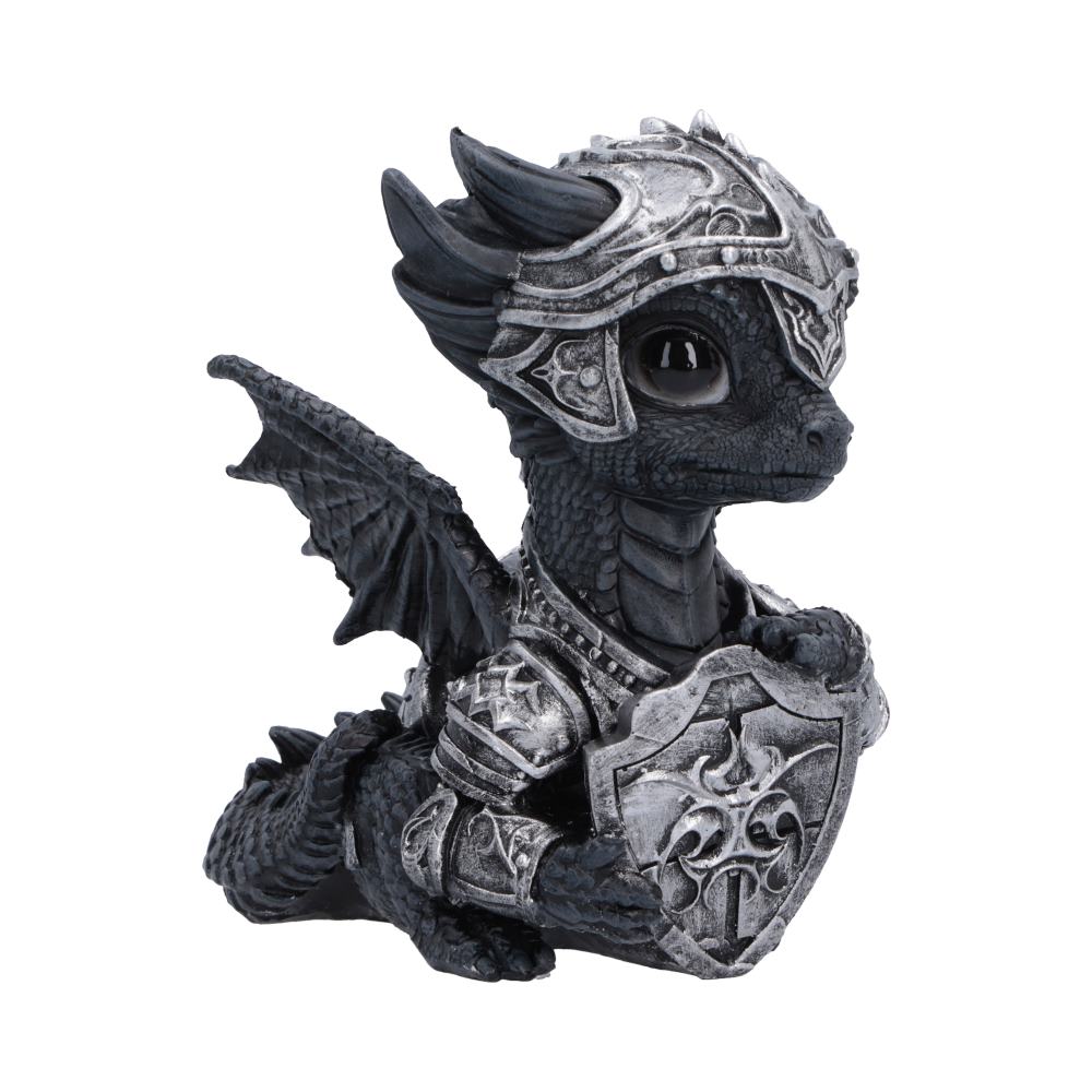 Sir Shieldscale Armoured Dragon Figurine - angled face above decorated shield