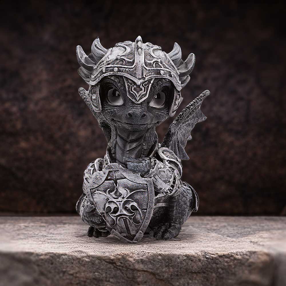 Sir Shieldscale Armoured Dragon Figurine - shield-bearing dragon on a stone display