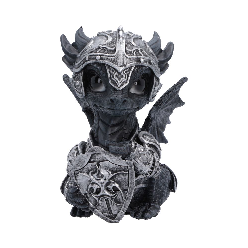 Sir Shieldscale Armoured Dragon Figurine - front with ornate shield and silver-coloured helmet